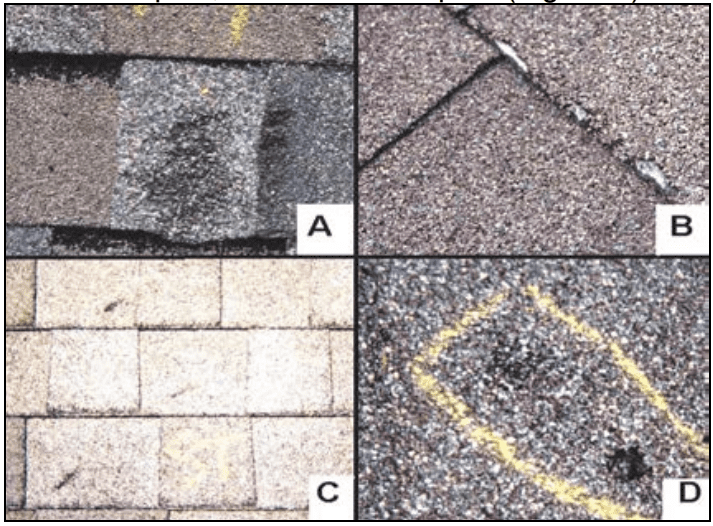 Figure 8. Shingle installation deficiencies: a)
marring, b) edge scuffing, c) elevated fasteners, and
d) adhesive spots.
