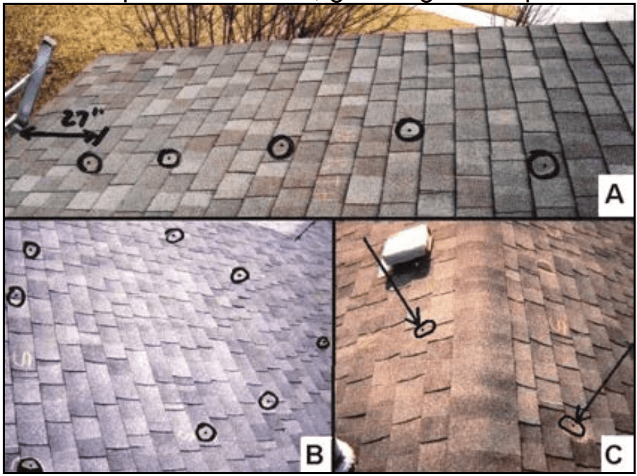 Figure 10. Intentional roof damage examples: a) line
of impact marks, b) circular arrangement of impact
marks, and c) impact marks perpendicular to each
affected slope with no marks on the ridge. 
