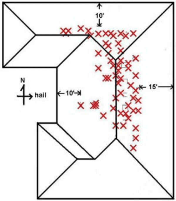 Figure 13. Roof plan diagram showing the
distribution of mechanically-caused impact marks in
an alleged hail damage claim. 