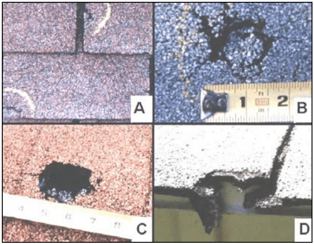 Figure 1: Hail damage to asphalt shingles: a) broken
edges, b) bruise, c) puncture, d) torn edge.