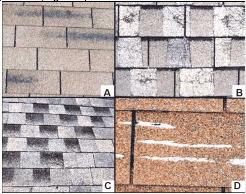 Figure 5. Various shingle manufacturing defects: a)
lack of granule adhesion on a three-tab, b) blotchy
appliques, c) asphalt exposed in lower laminate, and
d) lines of missing asphalt and granules. 