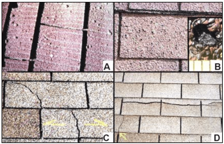 Figure 6. Various shingle anomalies not caused by
hail: a) closed blisters, b) open blisters including
close-up view in the inset photograph, c) diagonal
splitting, and d) horizontal splitting. 