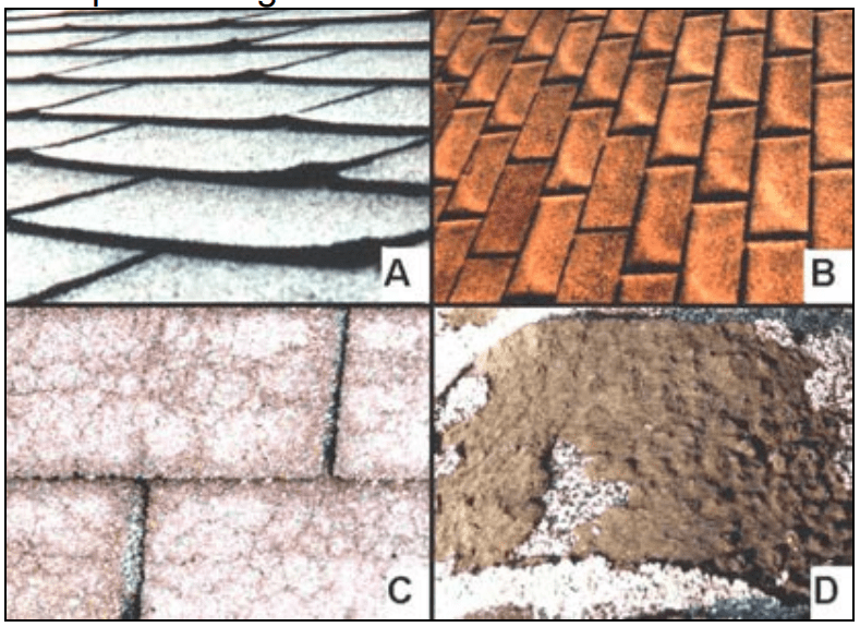 Figure 7. Various shingle anomalies not caused by
hail: a) cupping, b) clawing, c) crazing, and d) flaking.